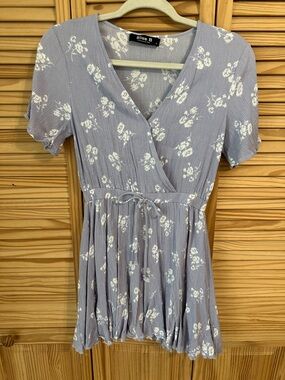 Blue B Lavender-Gray Floral Tie-Waist Mini Dress